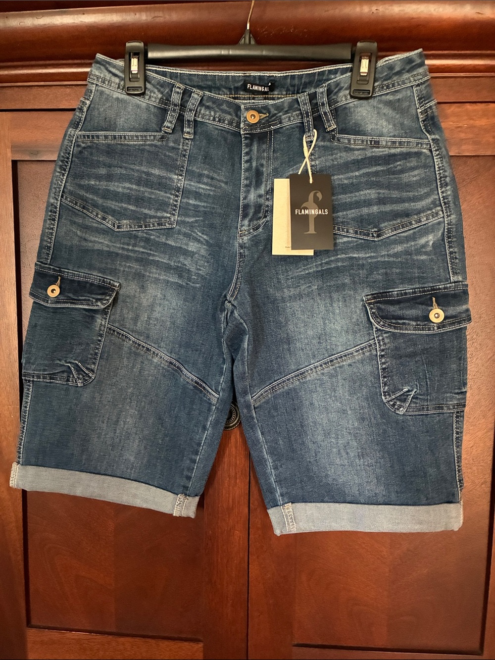 Flamingals Women's Dark Blue Denim Cargo Shorts